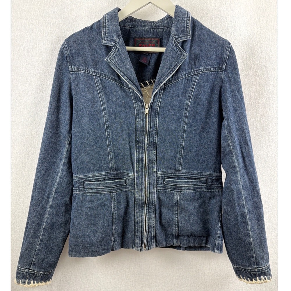 VTG Ralph Lauren Denim Jacket Sz M Upcycled Crochet Back Whipstitch Cuff Zipper